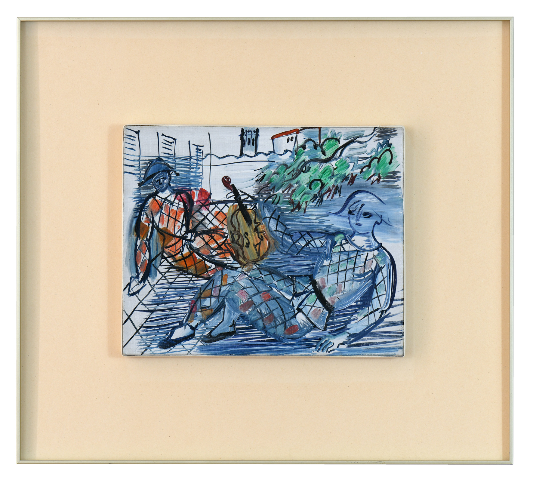 Arlequins rouge et blanc au violon